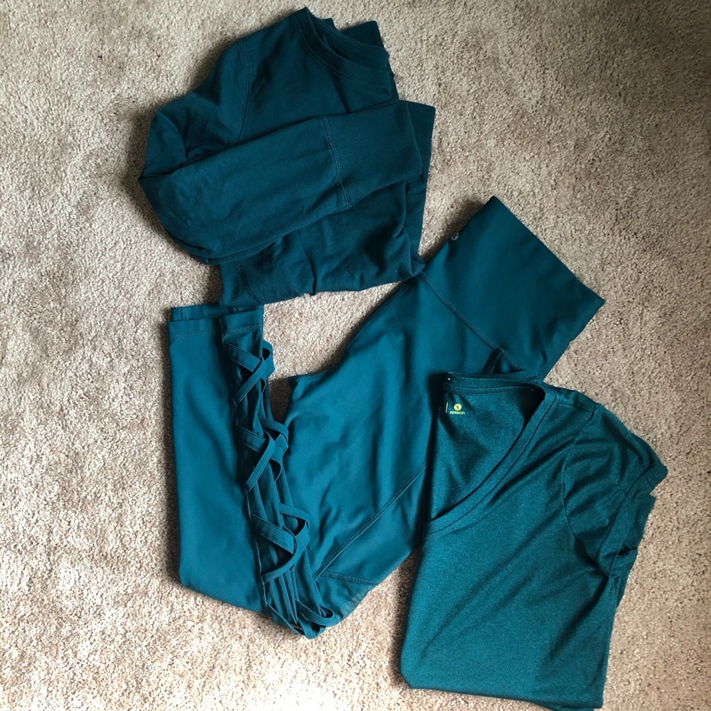 Yoga pants, shirt, sweatshirt set dark green/teal